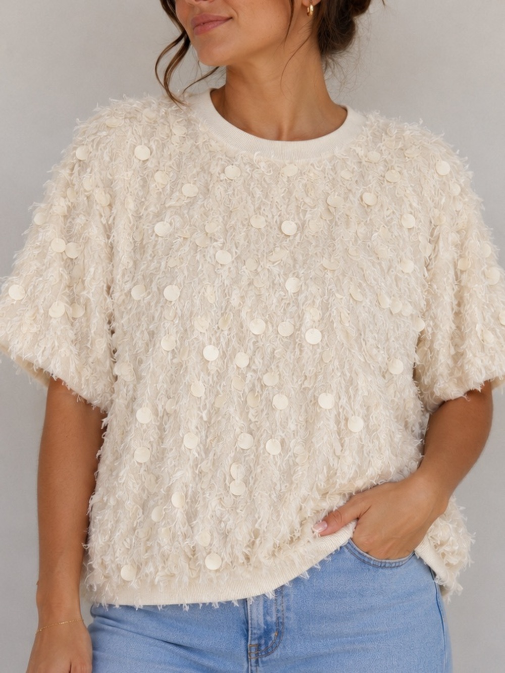 Gibson Latimer Cream Sequin-Trimmed Textured Short Sleeve Top XL